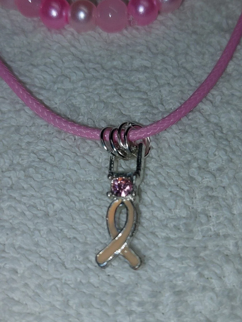 Pink Pearl Bead Bracelet, Necklace & Earring Set - Breast Cancer Ribbon Charm